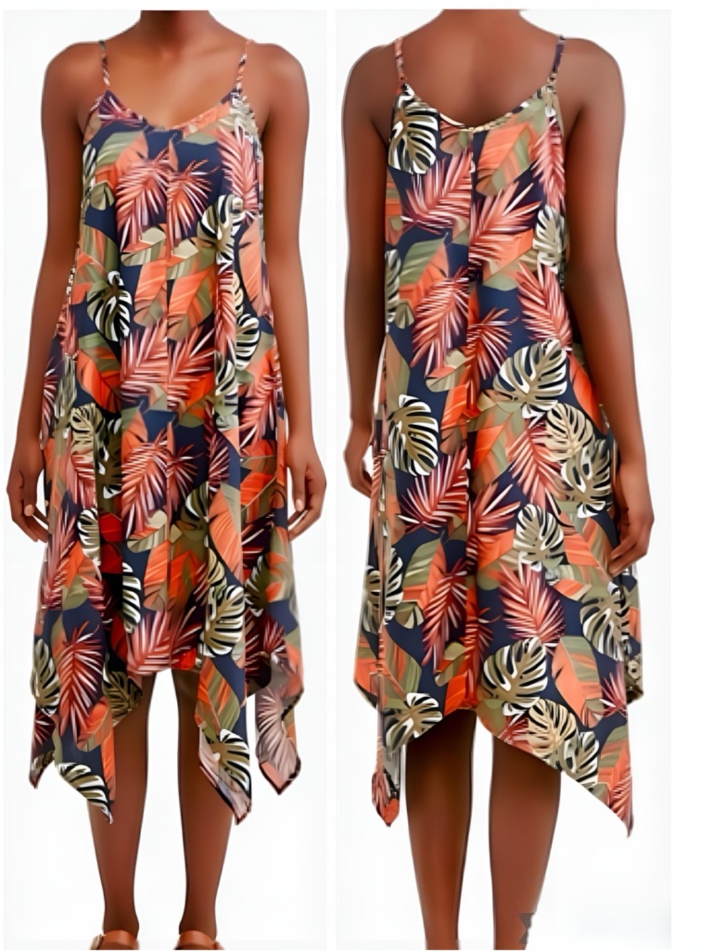 TROPICAL Palm Leaf Floral Linen Flowy Asymmetrical Hem Midi Dress Navy Blue Red